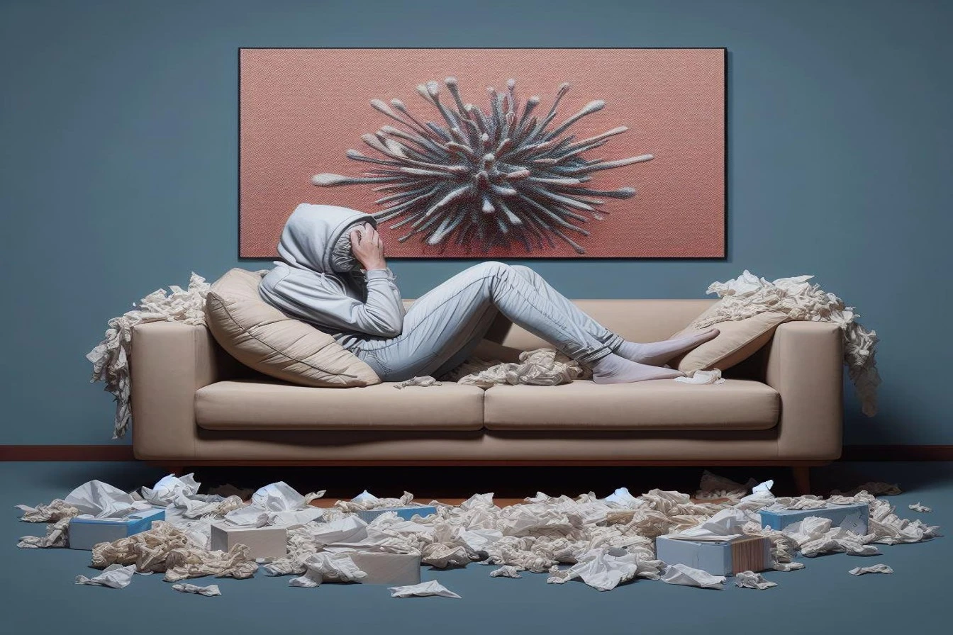 a person sitting on a couch, surrounded by tissues, displaying a mix of frustration and comfort, capturing the essence of indulging in self-pity.
